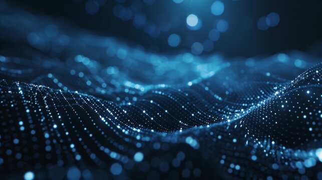 A 3D rendering of a dynamic wave made of blue particles simulating technology or science concepts