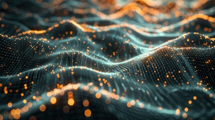 This image features an intricate orange digital landscape with a myriad of glowing dots, evoking a sense of data terrain