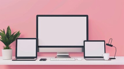 Fototapeta premium A workspace setup featuring mockup devices on a pink background, accompanied by plants, and office supplies