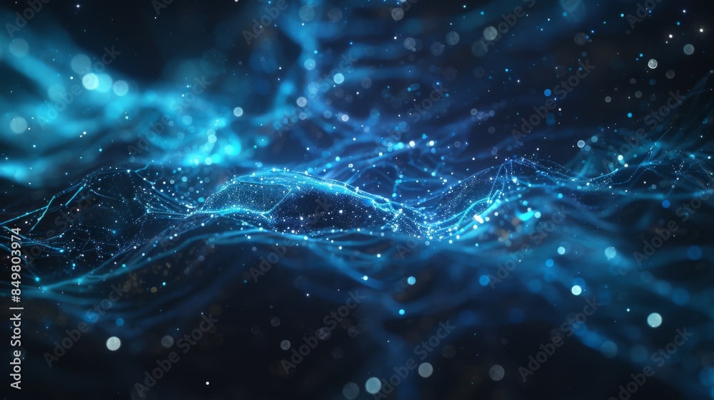 Wall mural abstract network representation with blue sparkling particles, conveying ideas of connectivity, data