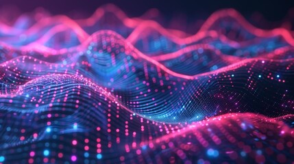 This image features a dynamic abstract pattern of pink and blue waves with glowing particles, representing digital or futuristic concepts