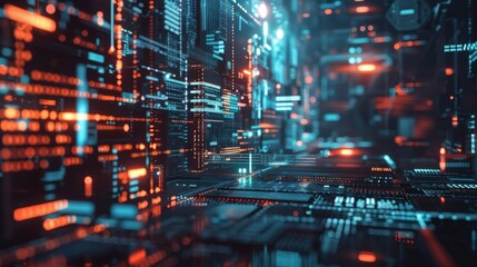 A defocused close-up of server racks with illuminated digital readouts symbolizing technology and data storage