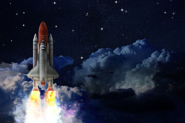 Modern space rocket in beautiful starry sky