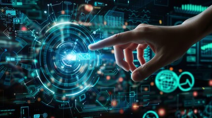 Human hand touching a holographic interface with digital icons and graphics floating in the air