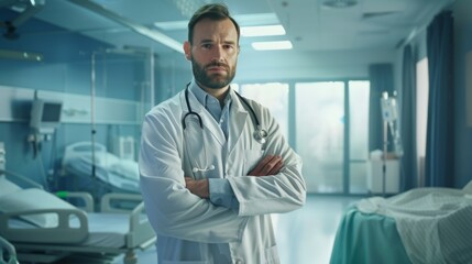 Fototapeta premium A confident male doctor stands arms crossed in a hospital ward with an ambiance of expertise and readiness