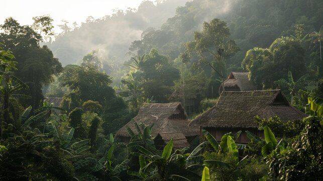 Traditional wooden huts with thatched roofs illuminated by sunlight filtering through the rainforest canopy