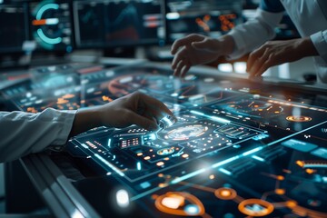 Futuristic workspace with a diverse team innovating on cutting-edge technology like holograms or advanced machinery