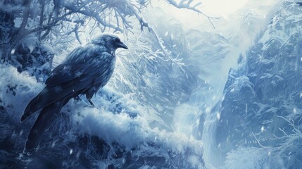 Fototapeta premium A raven perches solemnly in a snow-covered forest, evoking a sense of winter's chill and solitude