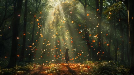 Sunlight streams through the trees in a forest, illuminating the scattering of red and yellow autumn leaves in the air