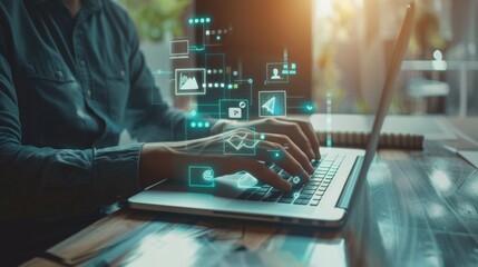 An individual engaging with a laptop, surrounded by holographic icons representing various digital concepts, emphasizing digital workflow and interactivity