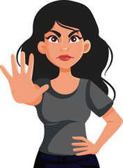 Upset Lady Making Stop gesture Vector Cartoon Illustration. Woman making halt gesture setting boundaries for her personal space 
