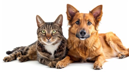 Portrait of two domestic pets, cat and dog sitting together. Truly friendship.