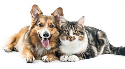 Obraz premium Portrait of two domestic pets, cat and dog sitting together. Truly friendship.