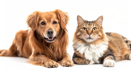 Portrait of two domestic pets, cat and dog sitting together. Truly friendship.