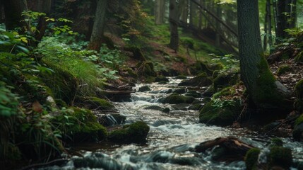 Naklejka premium Small river flowing through a green forest in the summer with mossy rocks and trees