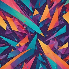 A dynamic and vibrant abstract 2D illustration featuring a burst of geometric shapes in vivid colors. The composition exudes energy and motion, perfect for adding a lively touch to any creative projec