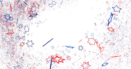 Festive background with confetti in the shape of stars in the color of the American flag. US independence day.