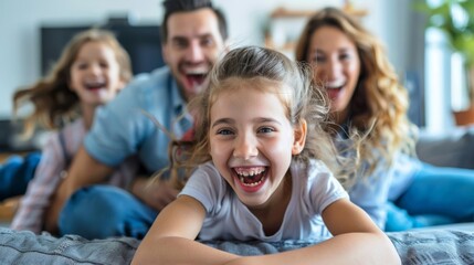 Fototapeta premium A laughing young girl is in sharp focus while lying on a bed with her family in blur behind her