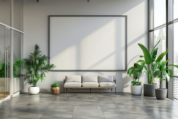 Mockup of blank wall with poster in office room created with Generative AI