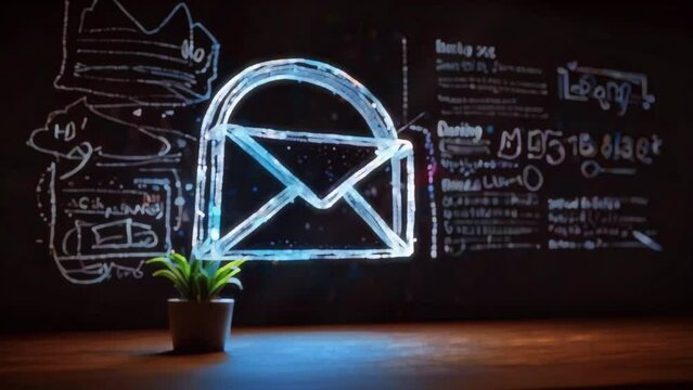 A dark background with a glowing blue and white padlock with an envelope in the center. To the left is a small potted plant. On the right is a chalkboard with a bunch of technical jargon written