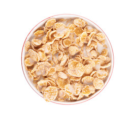 bowl of cornflakes breakfast cereal with sugar milk top view isolated