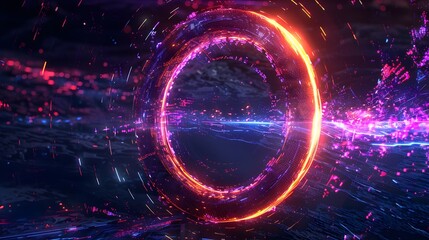 Obraz premium Glitch circle. Distorted glowing circle cyberpunk style. Futuristic round shape with TV interference effect. Design for promo music events, games, web, banners, backgrounds. 