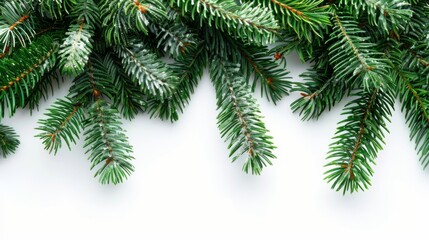 Top view of lush green fir branches arranged neatly on a clean white background, ideal for festive themes