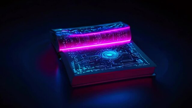 A glowing book with a glowing pink light shining through the pages.