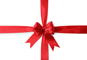 Red satin ribbon with bow isolated on white, top view