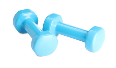 Light blue dumbbells isolated on white. Sports equipment