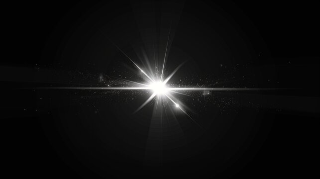 Simplistic white lens flare effect with a central light source and minimal scattered particles on a dark backdrop