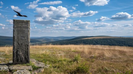 A serene landscape featuring a monument with inscriptions and a bird silhouette flying overhead amidst a grassy field and rolling hills