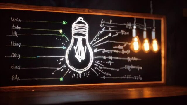 There is a chalkboard with a light bulb drawn on it. The light bulb has many words and symbols radiating from it. There are also three light bulbs hanging from the top of the chalkboard that are lit.