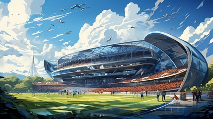 Fototapeta premium A sports stadium where athletes train with AI coaches and performance trackers. Flat color illustration,
