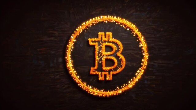 A glowing orange Bitcoin logo made of embers against a dark background.