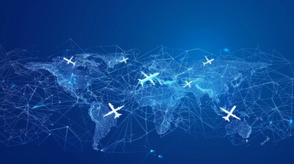 Digital blue world map with glowing connections and airplane icons illustrating global networks