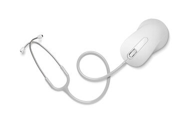 Stethoscope with computer mouse isolated on white, top view. Online medicine