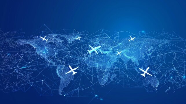 Digital blue world map with glowing connections and airplane icons illustrating global networks