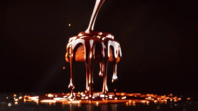 A chocolate cupcake is being covered in a thick, warm chocolate glaze.