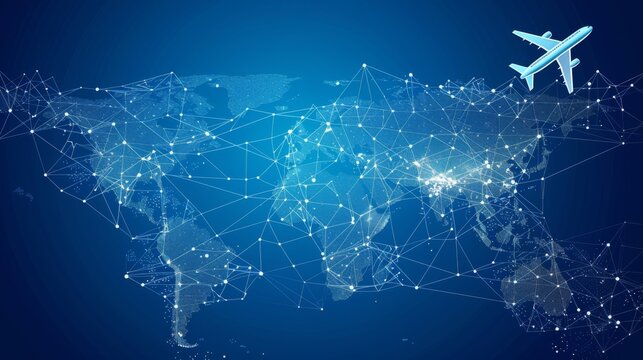 Glowing blue digital world map with a prominent airplane and network lines