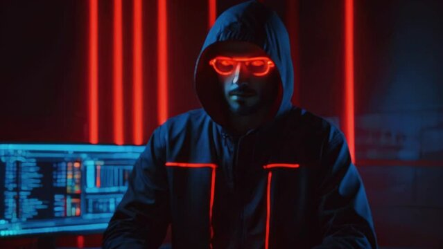 A person wearing a black hoodie and red glasses is sitting in front of a computer. The background is dark with red lights.