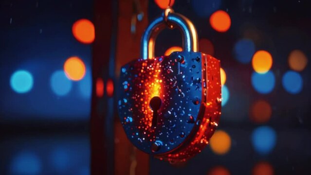 A red and blue padlock with water droplets on it is hanging from a chain in front of an out of focus background of blurry lights.