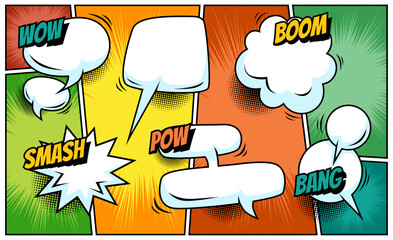Colorful comic scene background with blank speech bubble expression © anggi wibisono