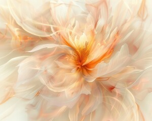 Obraz premium Ethereal flower in soft orange and cream hues with delicate, translucent petals and flowing, abstract lines, creating a dreamy, serene, and fluid atmosphere.