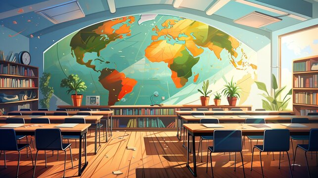 A classroom setting where AI tutors provide personalized learning experiences. Flat color illustration,