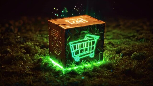 This is a video of a glowing green shopping cart icon on a stone pedestal with glowing green light on the ground around it. The background is dark green moss.