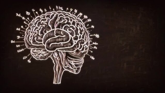 A chalkboard drawing of a human brain in profile, with multiple arrows pointing at different parts of the brain.