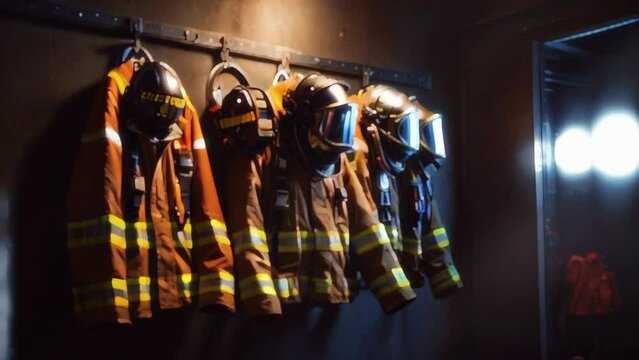 A row of firefighter's jackets and helmets hang on a rack in a fire station.