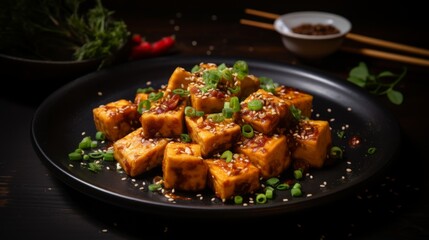 Fototapeta premium A flavorful dish of spicy tofu garnished with green onions and sesame seeds, served on a dark rustic table