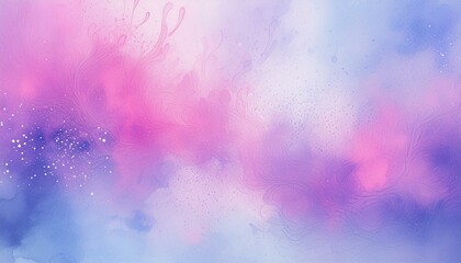 Fototapeta premium Abstract Watercolor Background with pink splashes on a textured paper, for design, frame, text, etc; blue and purple shiny spots in gouache paint or ink